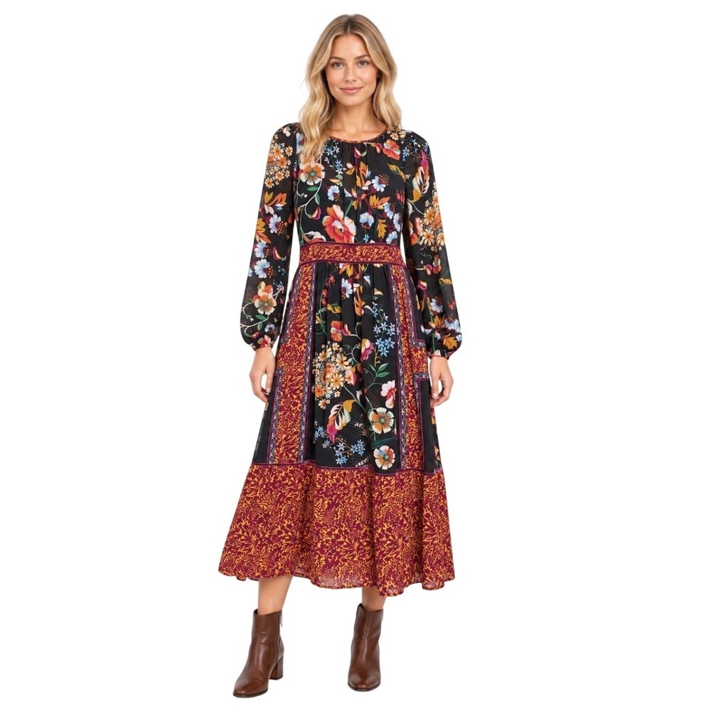 Anthropologie Floral Print Long Sleeve Mixed Pattern Midi Dress Black Red Size